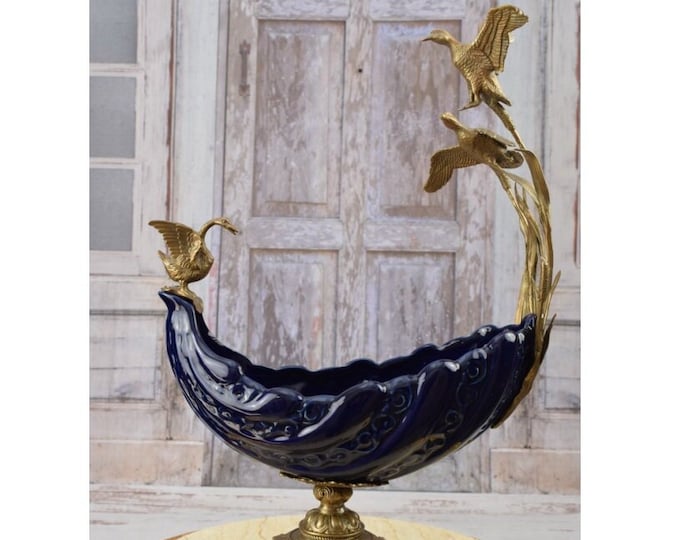 Enchanting Porcelain Bowl  - Cobalt Porcelain with Bronze Ornaments - Swan and Ducks Sculptures - Home Decor - Gift for Wedding