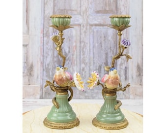 Pair Porcelain Candlesticks - Bronze Ornaments - Birds on a Branch - Home Decor - Unique Gift for Wedding - Antique Candleholders