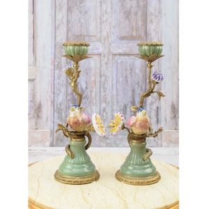 Pair Porcelain Candlesticks Bronze Ornaments Birds on a Branch Home Decor Unique Gift for Wedding Antique Candleholders image 1