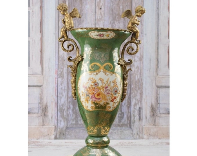 Large Green Porcelain Flower Pot - Vase Porcelain and Bronze Ornaments Two Angels - Bronze Statue Cherub - Home Decor - Gift for Wedding