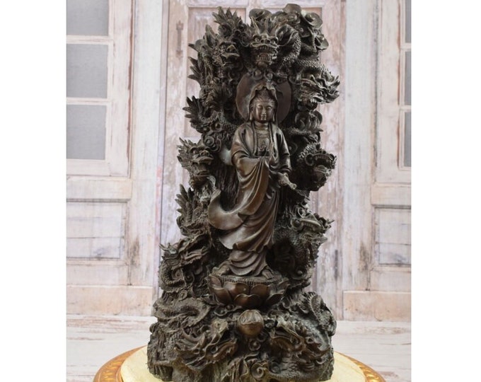 Unique Bronze Statue - Dragon Feng Shui God Beast Kwan - Yin Guan Yin Goddess Sculpture - Home and Garden Decor - Chinese Art