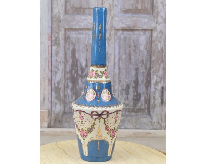 Very Rare! Porcelain Vase with Flowers Design - Flower Pot Porcelain - Blue and Gold Flower Pot Home Decor - Dinner Decor Gift for Wedding