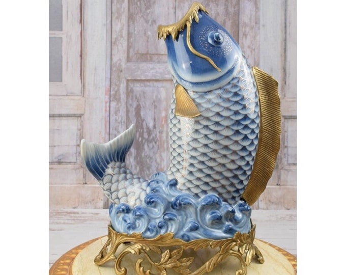 Large Blue Porcelain Flower Pot Fish - Statue Fish Porcelain and Bronze Ornaments - Gilded Porcelain Cat Fish - Home Decor Gift for Wedding