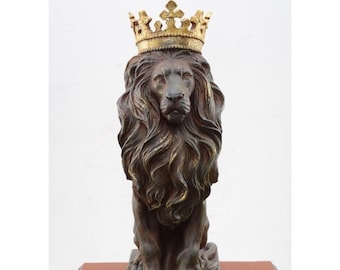 Dignified Lion in Crown - Statue Sitting Lion - Animal Figurine - Handmade Lion Sculpture - Statue in Front of the House - Home Decor