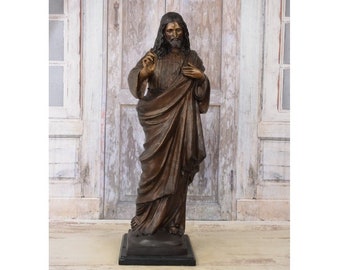 Large Bronze Jesus Statue on Marble Base - Religious Home Decor (33.46 Inches)