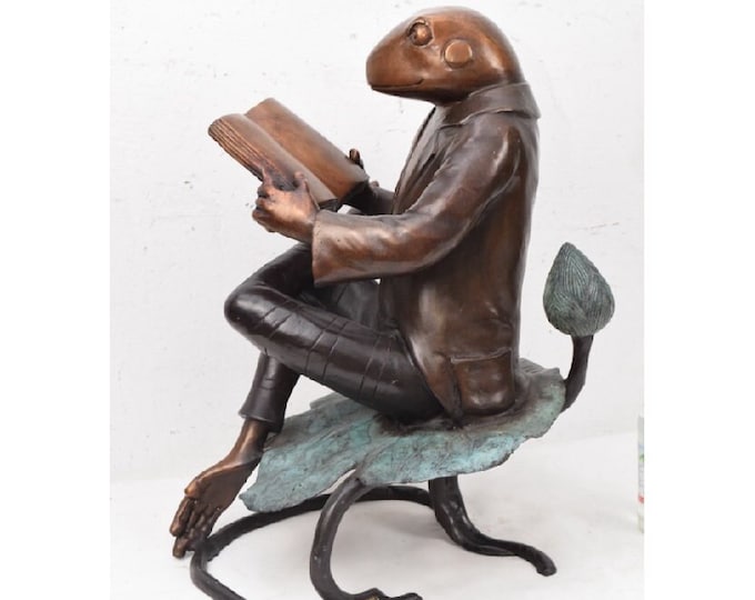 Bronze Statue Frog Reading Book - Amazing Garden Statue - Funny Bronze Frog - Sculpture Bronze - Richly Decorated for Garden - Gift Idea