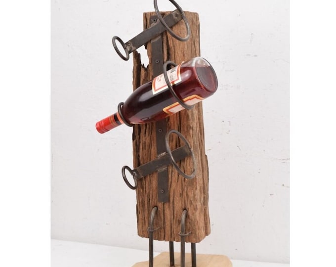 Art Work, Stand Bootle Teak Wood, Rustic Wooden Bottle Holder, Metal Stand for Alcohol, Unique Wine Bottle Stand, Home Decor