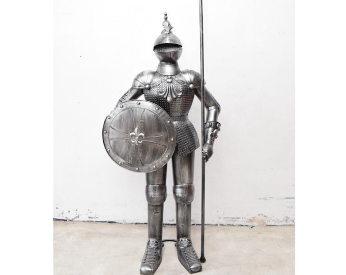 Large Knight Armor with Shield and Spear - Metal Statue Knight Palace - Warrior Armored Sculpture - Vintage Castle Statue - Gift Idea