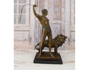 Large Bronze Roman Gladiator Statue with Lion on Marble Base