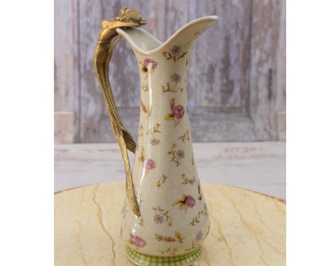 Porcelain Wine Jug with Bronze Handle - Porcelain Carafe - Bronze Mermaid Floral Ornaments - Art Nouveau Style - Home Decor - Kitchen Decor