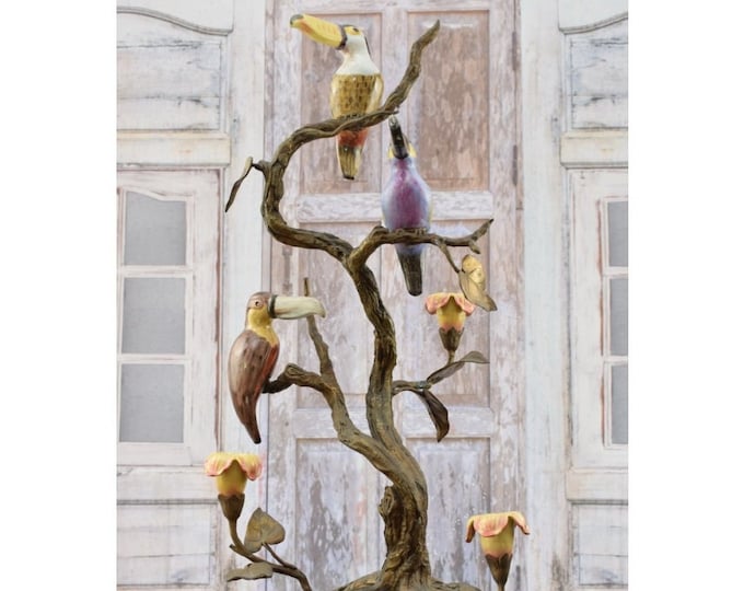Unique Bronze and Porcelain Candlestick with Tucans - Candelabrum Stand Bronze - Candleholder Bronze - Tucans Sculpture - Home Decor