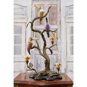 Unique Bronze and Porcelain Candlestick with Tucans - Candelabrum Stand Bronze - Candleholder Bronze - Tucans Sculpture - Home Decor