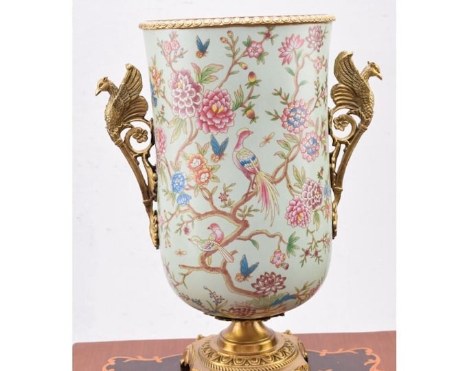 Porcelain Vase with Bronze Ornaments Phoneixes - Flower Pot Porcelain - Painted Porcelain - Luxury Porcelain - Gift for Wedding