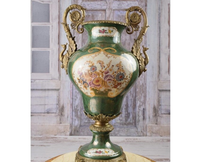Large Green Porcelain Flower Pot - Vase Porcelain and Bronze Ornaments - Gilded Porcelain Flowers Ornaments - Home Decor - Gift for Wedding