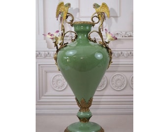 Flowerpot Parrots Porcelain with Bronze Ornaments - Bottle Art Nouveau - Green Vase - Parrots Art Lovers - Vintage Gift - Home Decor