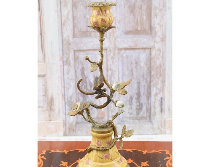 Large Porcelain and Bronze Candlestick, Candelabrum Bronze Flowers and Dragonfly,  Candlestick Stand, Gift Idea, Home Decor, Porcelain Gift