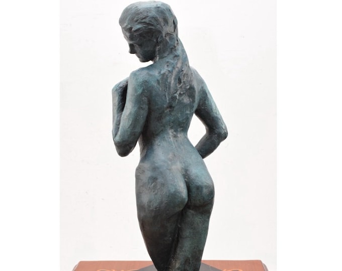 Large Modernist Woman Act Bronze Statue on Marble Base - Blue Patina - Foundry Mark - Luxury Gift Idea - Mature Concept - Personalised Gift