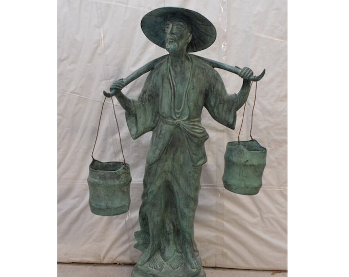 Large Chinese Man with Buckets Bronze Sculpture - Green Patina Bronze Statue - Unique Figurine Bronze - Luxury Gift - Home and Garden Decor