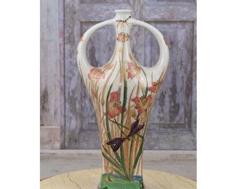 Vaso in porcellana arancione antico - Vaso da fiori dipinto e dorato - Vaso Art Nouveau - Marchio della fonderia - Decorazione per la casa - Regalo per il matrimonio