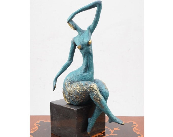Sitting Modernist Woman Bronze Statue - Gilded Blue Patina - Fat Woman Bronze Figurine - Sculpture Dancer - Home Decor -