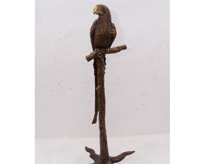 Large Parrot on Branch Bronze Sculpture - Parrot Figurine - Garden Statue - Macaw Bronze - Home and Garden Decor -