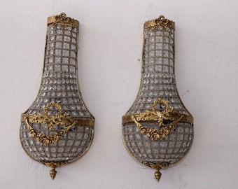 Polished Brass Crystal Wall Sconces - Art Nouveau Style - Pair 27.56 inches
