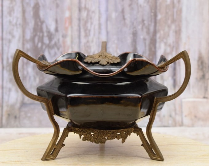 Black Antique Porcelain Plateau - Porcelain with Bronze Ornaments - Plateau Art Nouveau - Exclusive Porcelain - Home Decor - Gift Idea