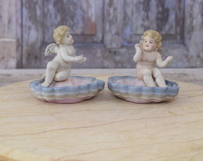 Amazing Pair Porcelain Angels Holding Shells - Porcelain Bowl - Two Angels Porcelain - Vintage Painted Porcelain - Home Decor