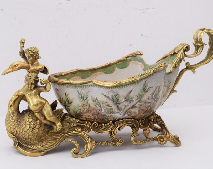 Beautiful Porcelain Plateau with Bronze Ornaments - Angels with Swans - Green and Gold Porcelain Bowl - Foundry Mark - Gift for Wedding
