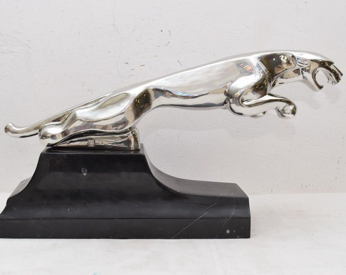 Large Silver Bronze Jumping Jaguar - Realistic Bronze Statue - Jaguar Sculpture on Marble Base - Animal Gift Idea - Home Decor