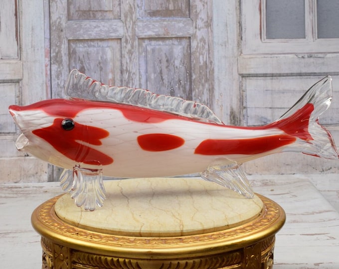 Large 23.62inches Red Venetian Glass Murano Style - Koi Carp Fish - Statue Fish - Unique Home Decor - Italian Glass - Good Gift for Angler