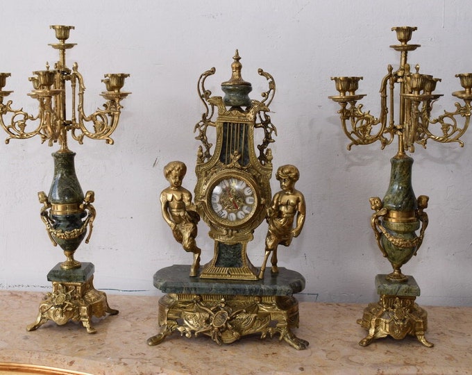 Two Candelabra and Clock - Brass and Marble Baroque Candle Holders - Home Decoration - Elegant Vintage Gift Idea - Unique Candleholders