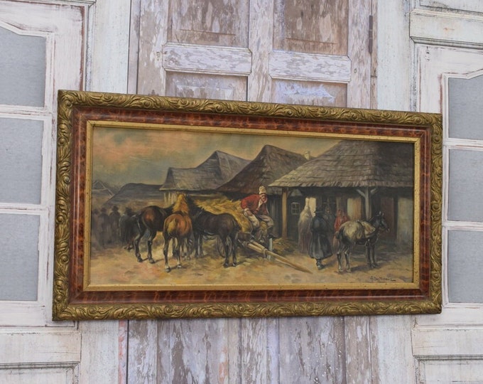 Antique Painting Meeting at the Inn - Painting Setkowicz on Canvas - Polish Old Village - Unique Painting from Poland - Wall Decor