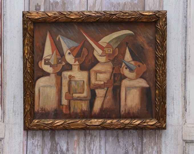 Antique Painting - Tade Makowski Clowns Old Painting Oil on Canvas - Polish Artist - Abstract Painting - Wall Decor Wall Art - Home Decor