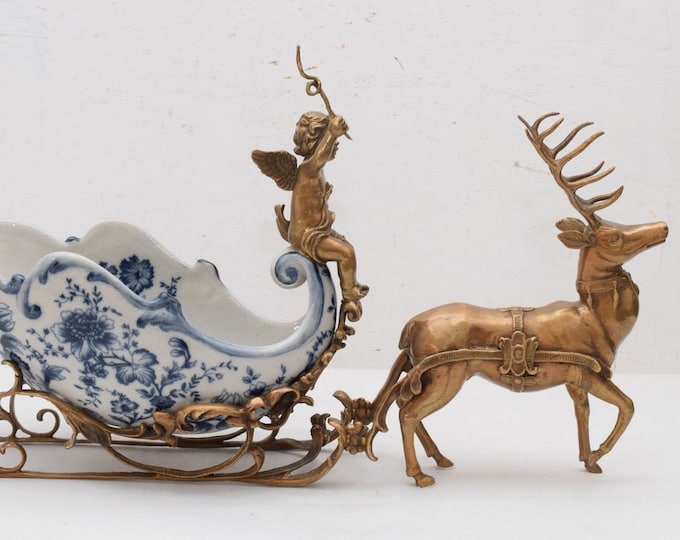 Chariot with Deer Porcelain with Bronze Red Plateau Cupid Angel Art Nouveau Vintage  Gift