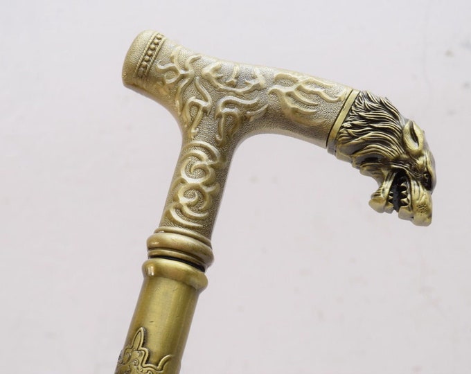 Brass Walking Stick - Head Tiger - Gift for Grandfather Father Aluminium Cane - Head Lion