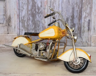 Vintage Yellow Metal Motorcycle Model: Old School Collector Decor (57cm)