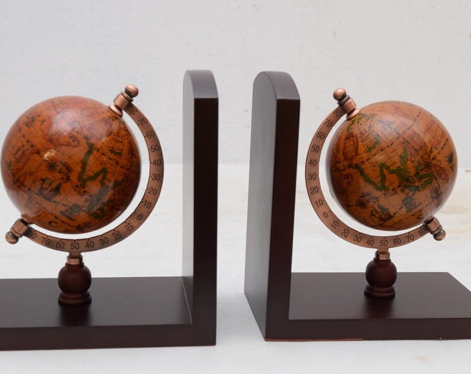 Pair Globe Bookends Globes - Wooden Globe Supports - World Globe Wooden Bookends - Spinning Globes
