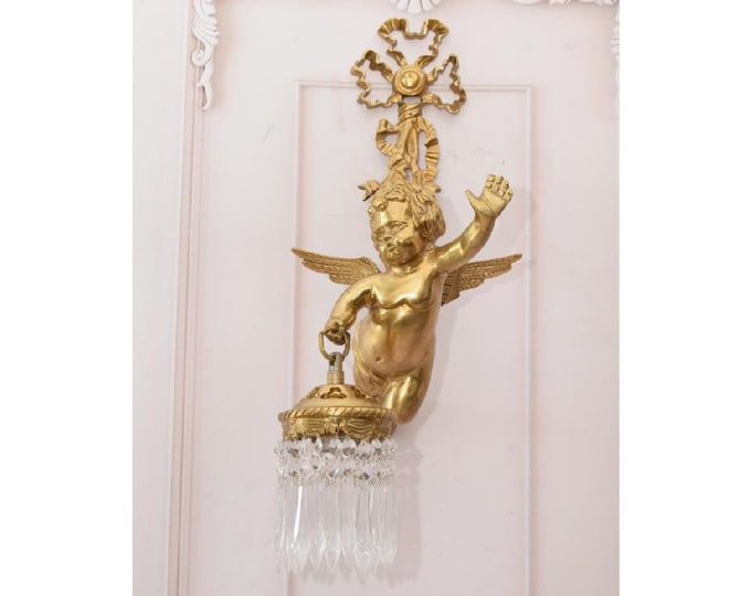 Bronze Art Nouveau Angel Wall Sconce – Cherub Candleholder, Crystal Accents