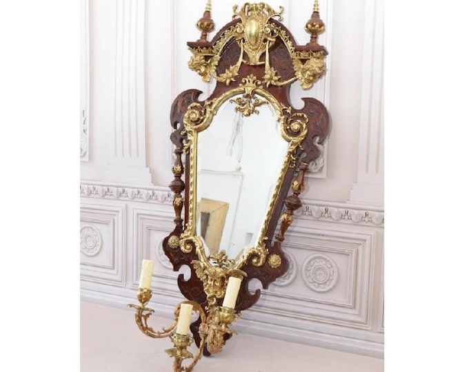 Absolute Rare! Mirror Wood and Bronze Ornaments - Crystal Beveled Mirror - Unique Design - Baroque Style - Gift Idea - Home, Wall Decor