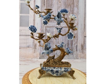 XXL Blue Candlestick Birds on a Branch - Porcelain and Bronze Ornaments - Colorful Candleholder - Art Nouveau Porcelain - Home Decor