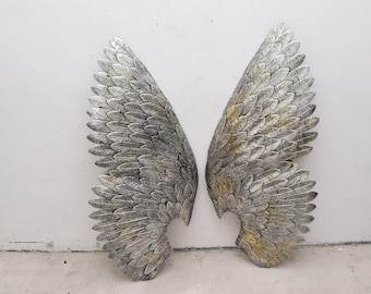XXL 160x160 cm Set di metallo rustico Ali d'angelo Scultura d'arte Argento fatto a mano Idea regalo e stile