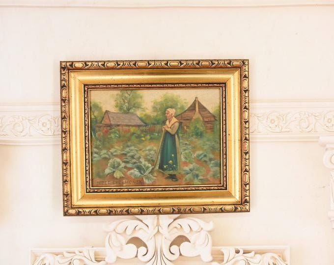 Antique Oil Painting on Wood – Grandmother in Garden, Rustic Scene