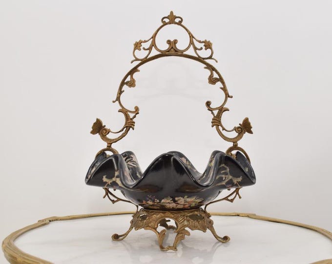 Black Porcelain Plateau with Bronze Ornaments - Vintage Casket - Art Nouveau Porcelain - Home Decoration - Regency Decor Kitchen Decor