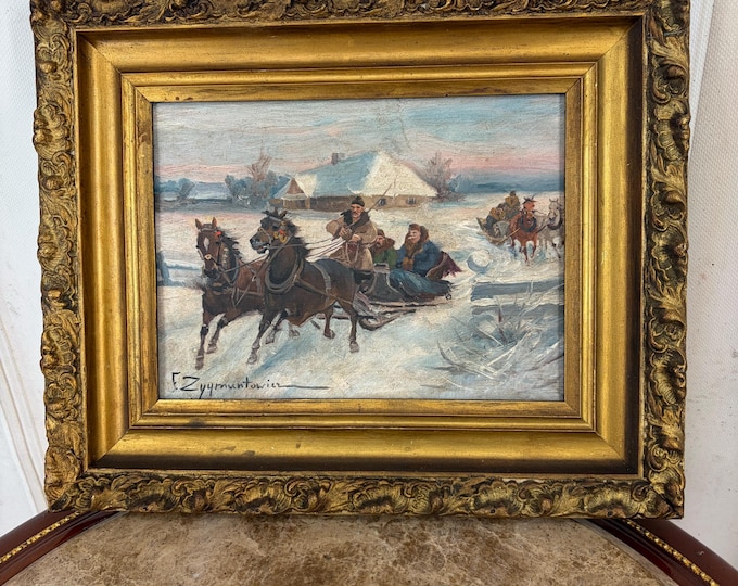 Antique Hunting Trip Painting – Winter Landscape with Hunters
