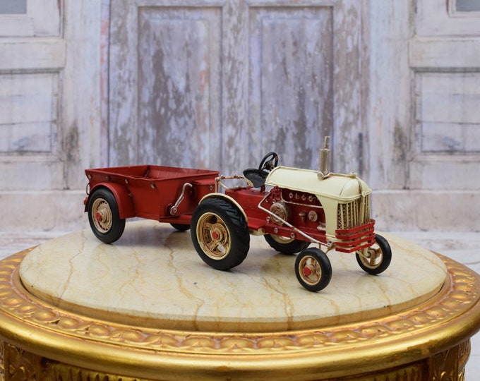 Vintage Tractor with Trailer - Old Metal Model - Toy Red Tractor - Gift for Farmer - Old School Gift - Home Decor - Vintage Gift