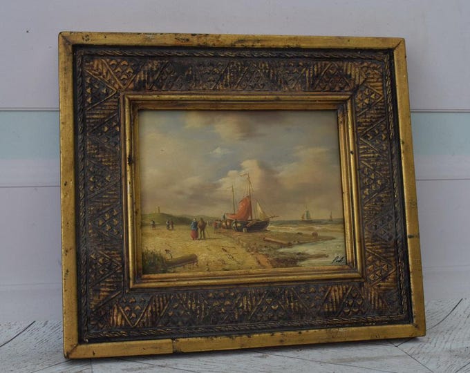 Vintage Painting Fishermen on Boat - Painting with Gold Frame - Sea Lovers Art - Painting HandMade Wall Decor - Home Decor - Gift Idea
