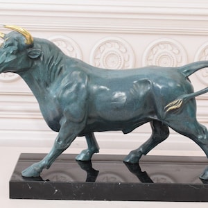 Unique Bull Bronze Statue on Marble Base - Bull Sculpture Blue Patina - Corrida Statue - Home Decor - Gift for Boss, Birthday, Wedding