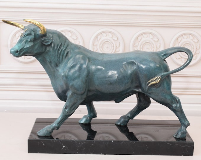 Unique Bull Bronze Statue on Marble Base - Bull Sculpture Blue Patina - Corrida Statue - Home Decor - Gift for Boss, Birthday, Wedding