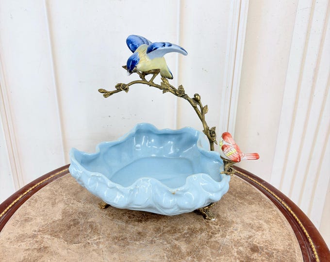 Vintage Hand-Painted Porcelain Platter with Bronze Ormolu Birds – Oval Serving Dish